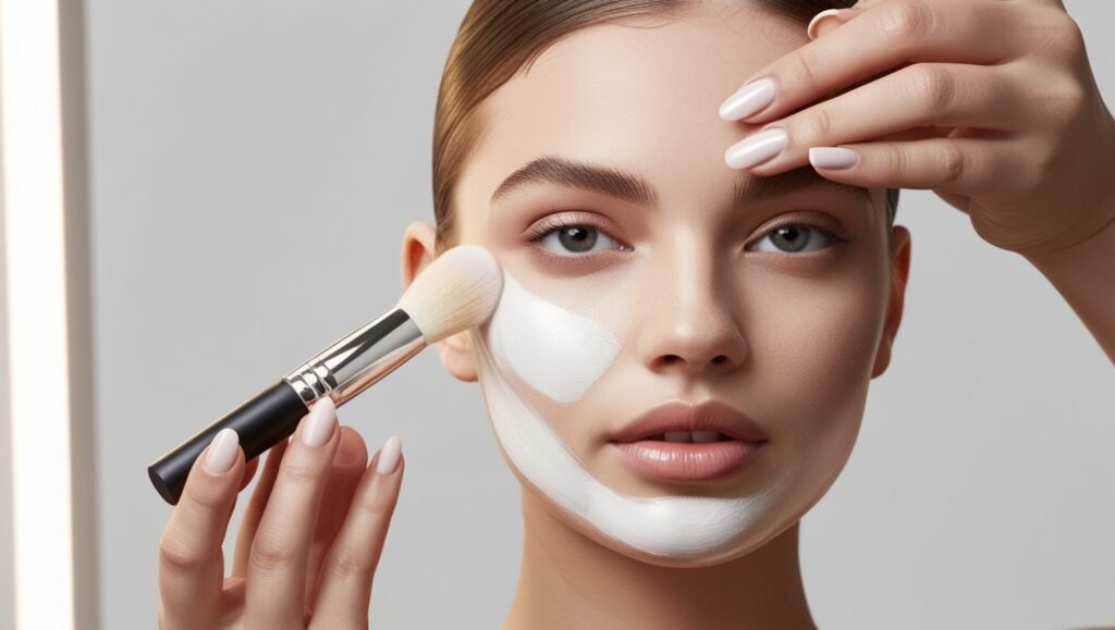 Makeup artist applying primer to a woman's face.