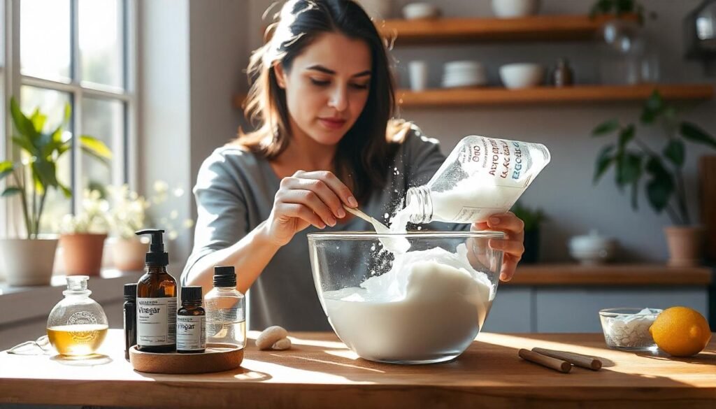 "Creating DIY Cleaning Solutions"

Alt Text: "A person mixing ingredients to create homemade cleaning products in a kitchen."