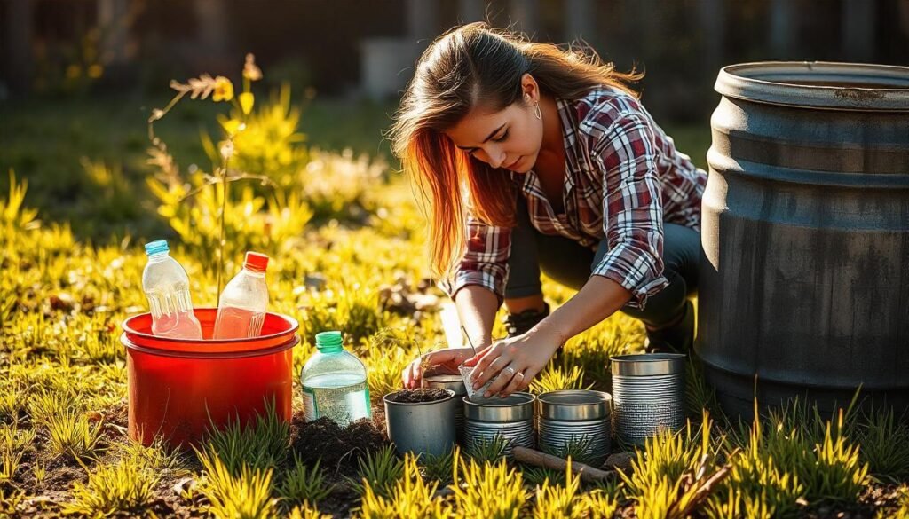 "Starting a Budget-Friendly Garden"

Alt Text: "A person planting seeds in recycled containers and using a rain barrel for watering."