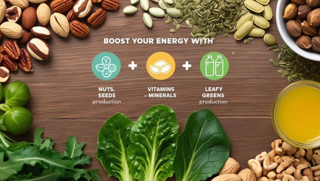 Boost your energy with nuts, seeds , vitamins, minerals, leafy greens