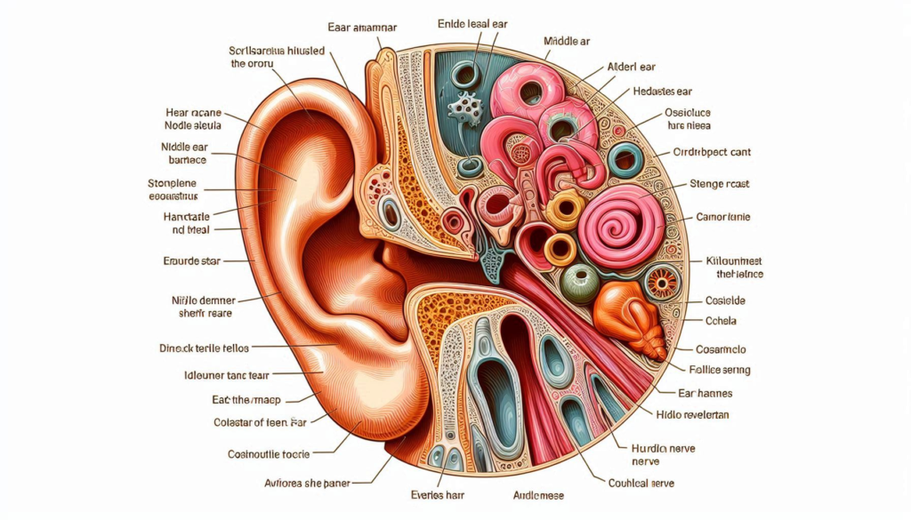 ear anatomy showing the outer ear, middle ear, and inner ear, including structures such as the ear canal, eardrum, ossicles, cochlea, and auditory nerve.