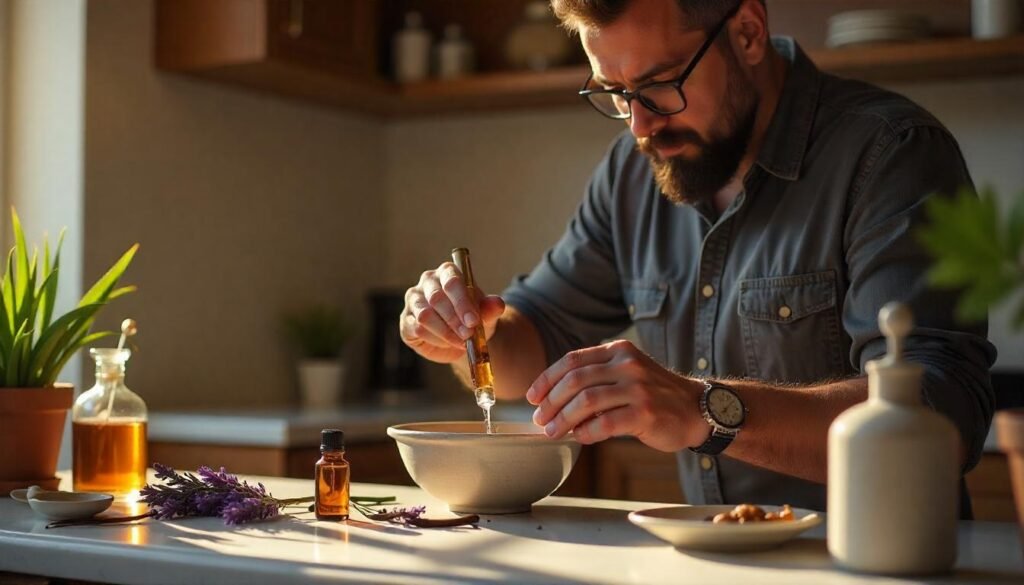 "Creating Lavender and Vanilla Perfume"

Alt Text: "A person mixing lavender essential oil and vanilla extract in a bowl to create a homemade perfume."