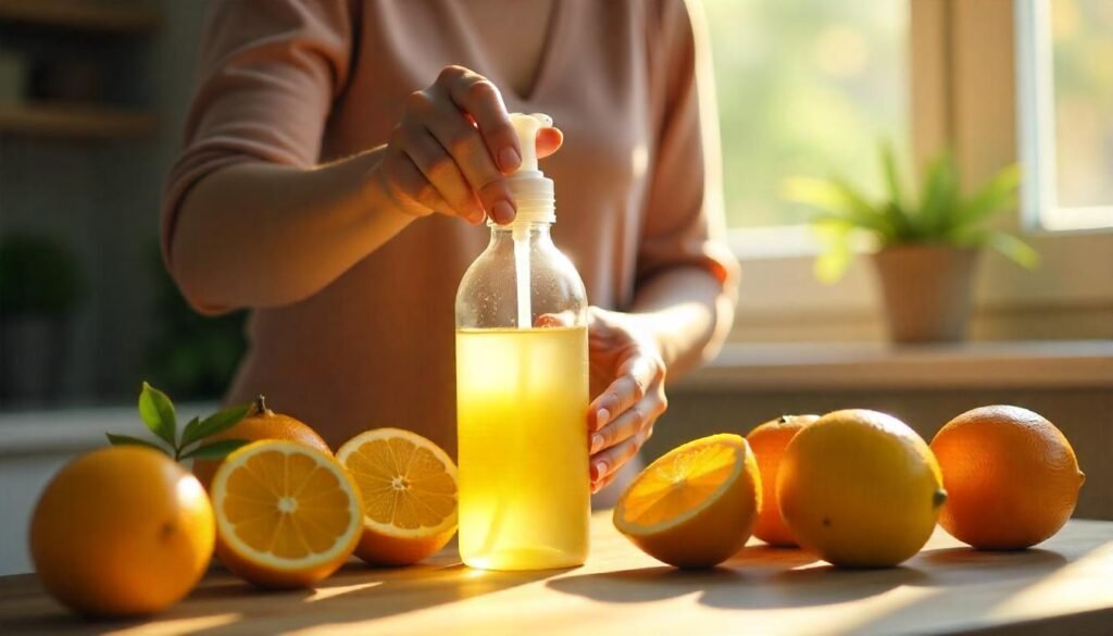 "Blending Citrus Bliss Perfume"

Alt Text: "A person combining orange and lemon essential oils with distilled water in a spray bottle."