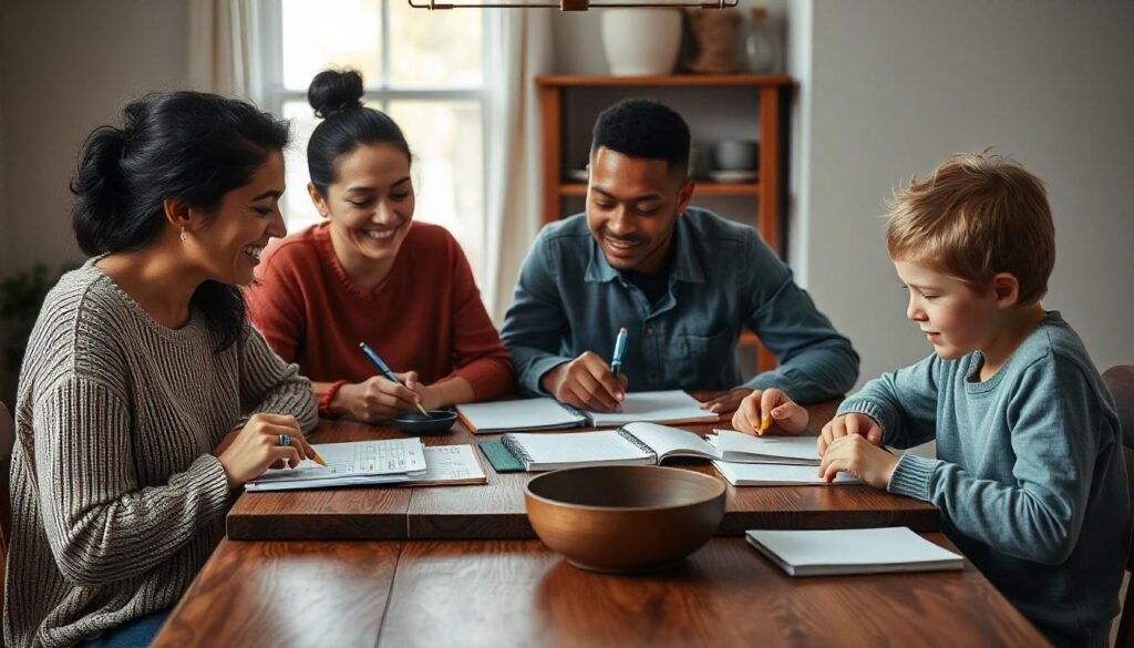 "A family gathered around a table, planning their weekly meals together."