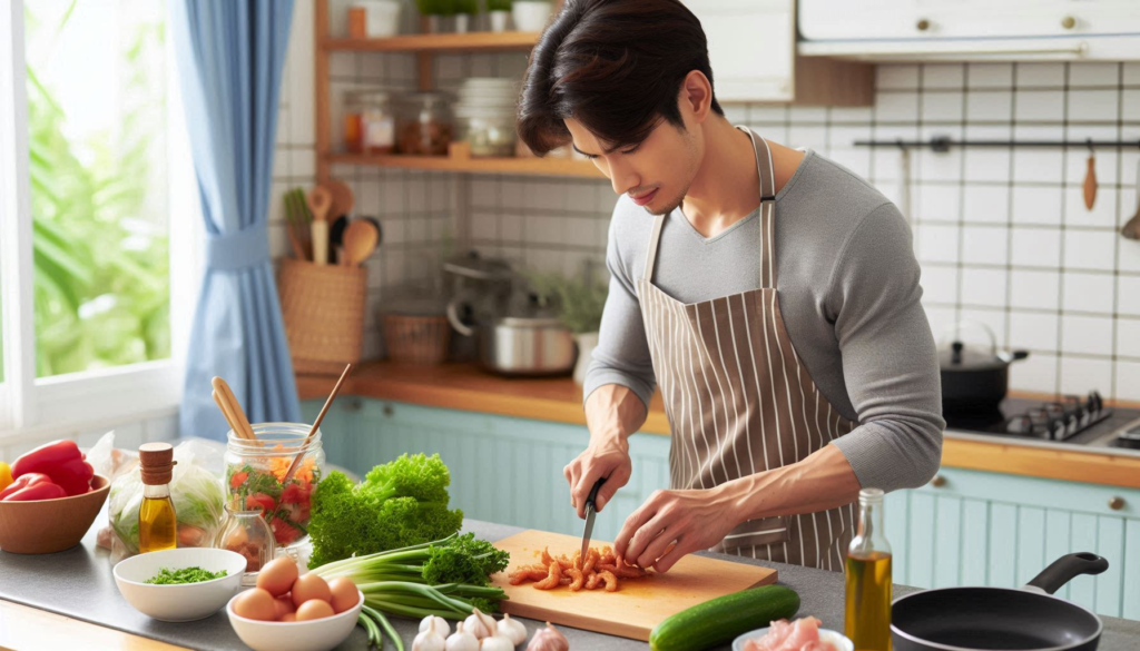 "A family member chopping vegetables and marinating proteins in the kitchen."