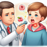 a doctor examining a child's throat for tonsillitis