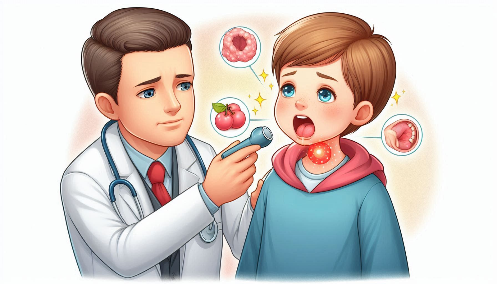 a doctor examining a child's throat for tonsillitis