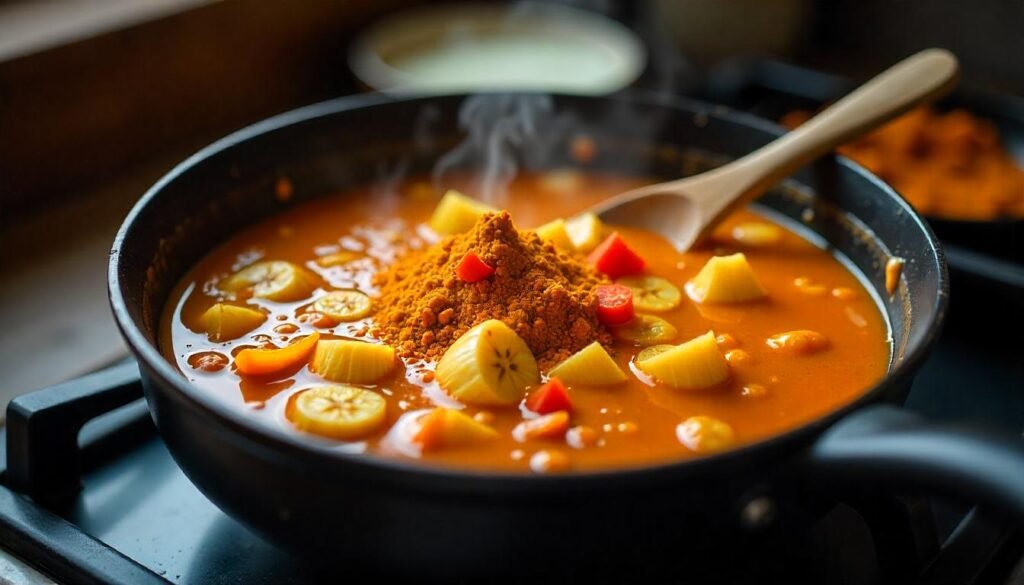 "Banana Peel Curry Cooking"

Alt Text: "A pot of banana peel curry simmering with onions, tomatoes, and spices."