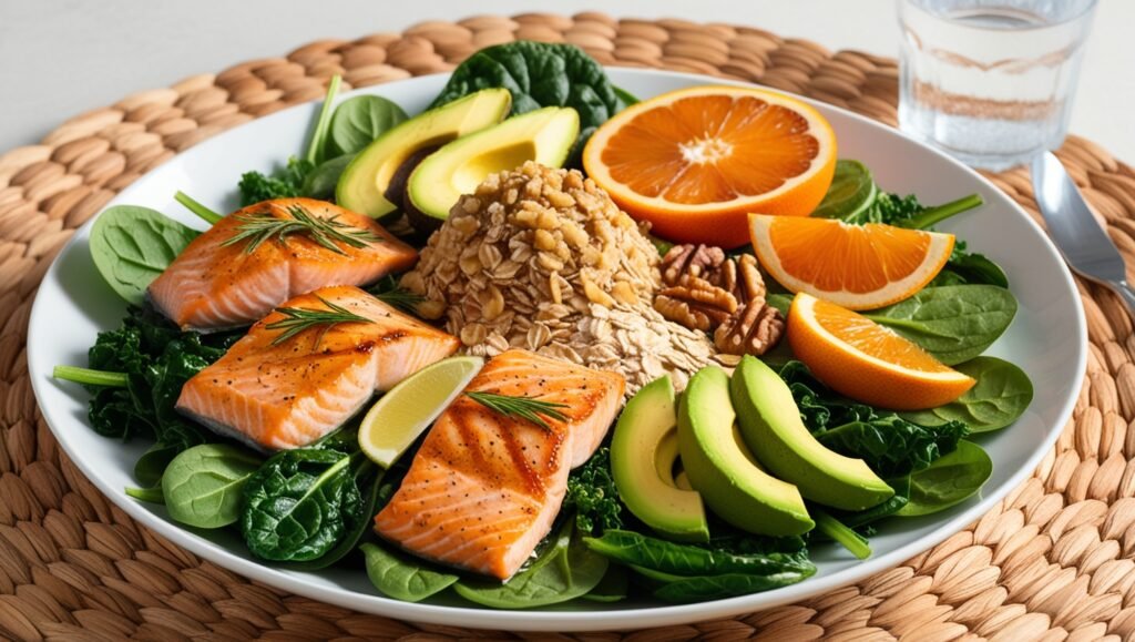 Cholestrol5Heart-Healthy Diet"

Alt Text: "A colorful plate filled with heart-healthy foods like oats, nuts, and fatty fish, illustrating the importance of a balanced diet for lowering cholesterol."