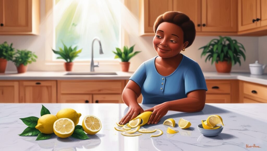 "Natural Deodorizer: Using Lemon Peels"

Alt Text: "A person rubbing lemon peels on a kitchen countertop to neutralize odors."