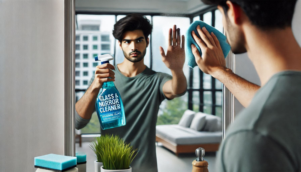 "Glass and Mirror Cleaner"

Alt Text: "A person cleaning a mirror with a spray bottle labeled 'Glass and Mirror Cleaner,' showing a sparkling clean reflection."