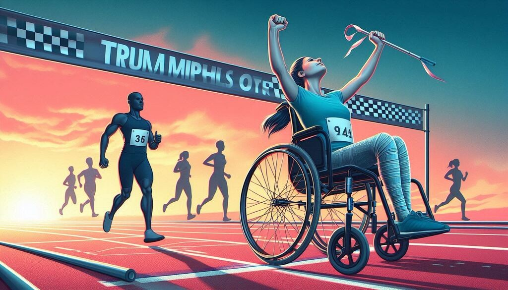 "Triumph Over Physical Challenges"

Alt Text: "An individual in a wheelchair crossing a finish line, symbolizing triumph over physical challenges."