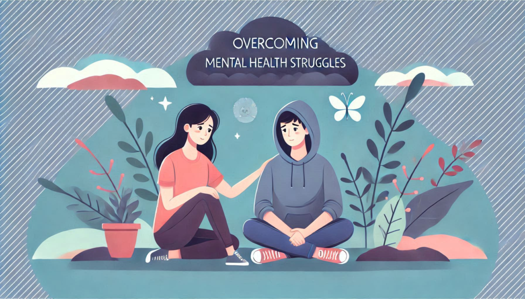 "Overcoming Mental Health Struggles"

Alt Text: "A person sitting with a supportive friend, illustrating the journey of overcoming mental health struggles."