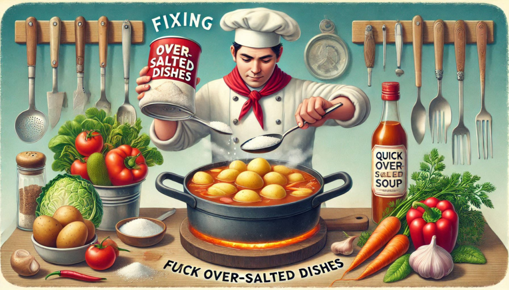 "Fixing Over-Salted Dishes"

Alt Text: "A chef adding potatoes to a pot of soup to balance the saltiness, illustrating a quick fix for over-salted dishes."