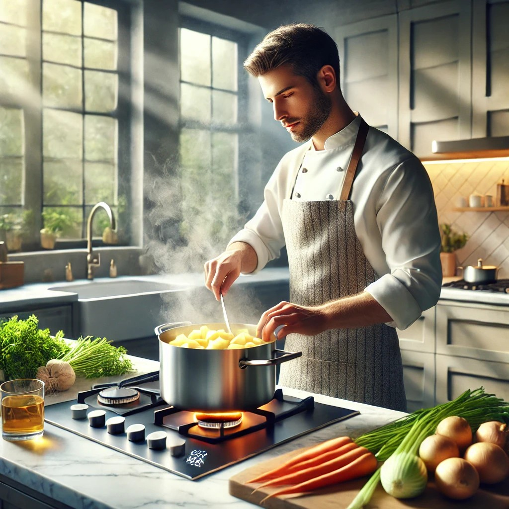 "Fixing Over-Salted Dishes"

Alt Text: "A chef adding potatoes to a pot of soup to balance the saltiness, illustrating a quick fix for over-salted dishes."