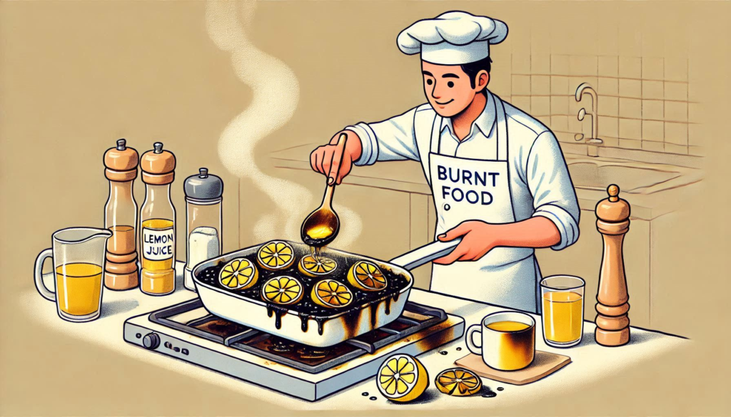 "Reviving Burnt Food"

Alt Text: "A cook scraping off burnt parts from a dish and adding lemon juice, showing how to salvage burnt food."