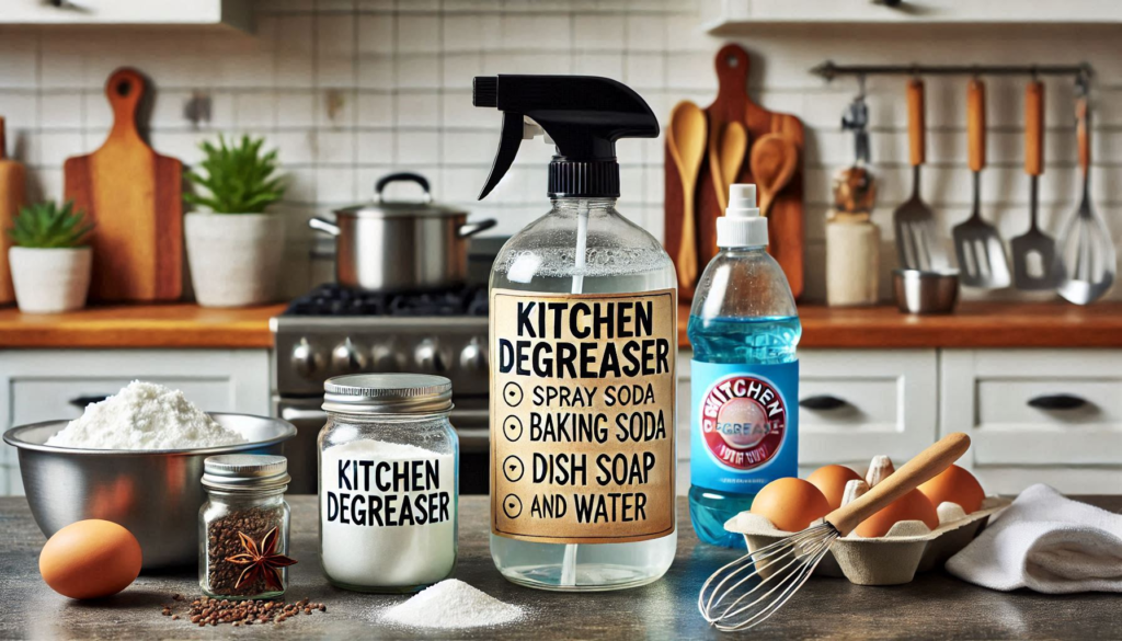 "Kitchen Degreaser"

Alt Text: "A kitchen counter with a spray bottle labeled 'Kitchen Degreaser' and ingredients like baking soda, dish soap, and water."