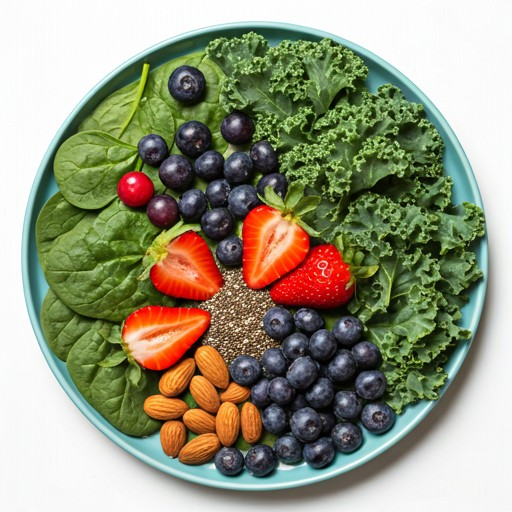 "A Colorful Plate of Leafy Greens, Berries, and Nuts"

Alt Text: "A vibrant plate filled with spinach, kale, blueberries, strawberries, almonds, and chia seeds."