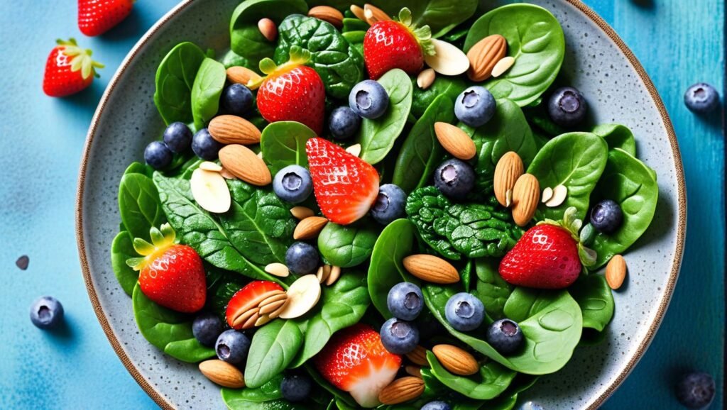 "A Colorful Plate of Leafy Greens, Berries, and Nuts"

Alt Text: "A vibrant plate filled with spinach, kale, blueberries, strawberries, almonds, and chia seeds."