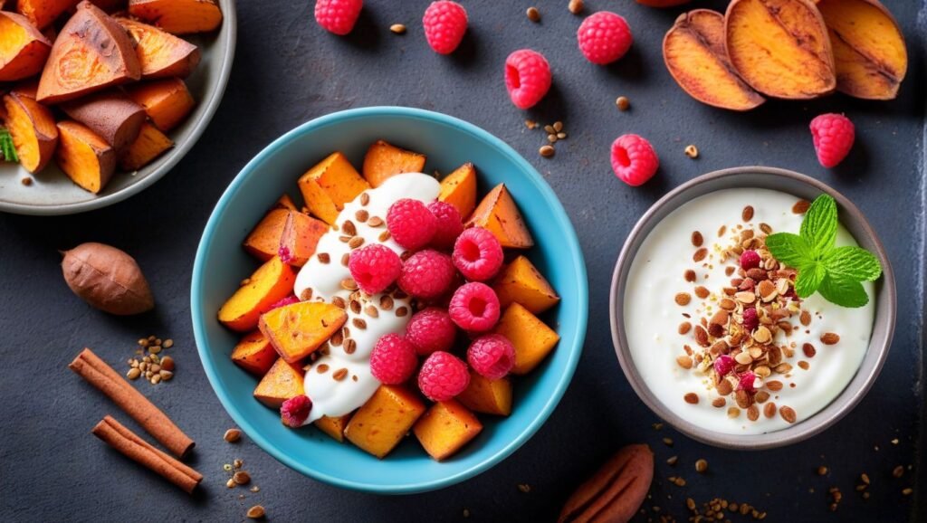 "A Healthy Breakfast with Greek Yogurt and Sweet Potatoes"

Alt Text: "A bowl of Greek yogurt topped with raspberries, a side of roasted sweet potatoes, and a sprinkle of cinnamon."