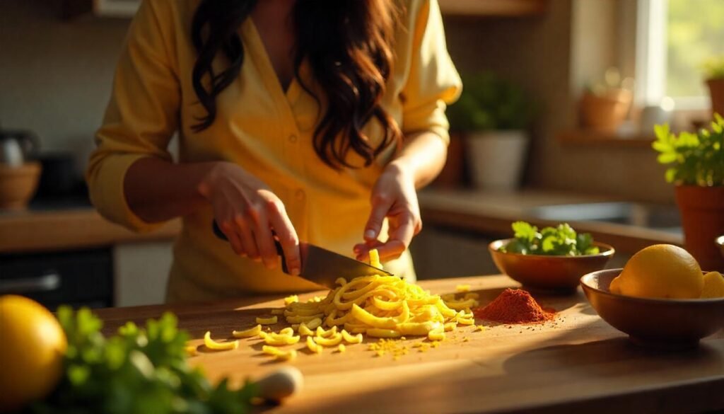 "Lemon Peel Chutney Preparation"

Alt Text: "A person preparing lemon peel chutney with fresh lemon peels and spices."