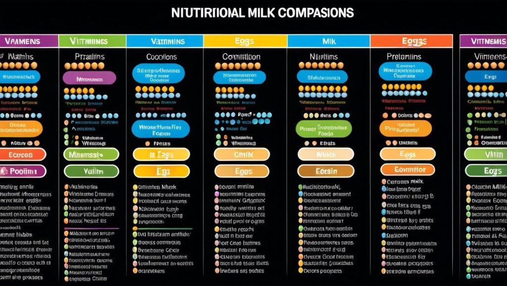 Nutritional Comparison of Milk and Eggs"

Alt Text: "A side-by-side comparison of the nutritional content of milk and eggs, highlighting their vitamins, minerals, and protein."