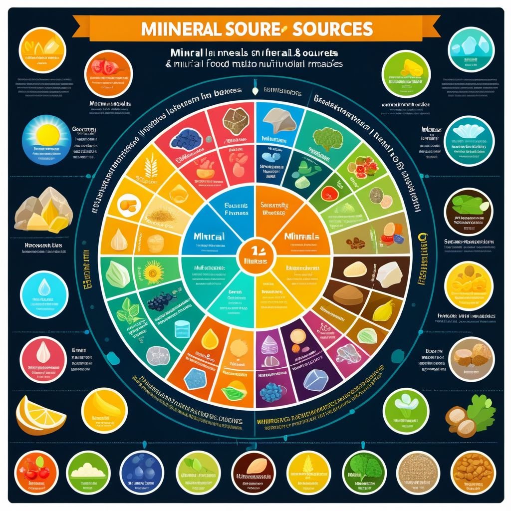 Mineral Sources Illustration "Create an infographic showcasing the top food sources for each of the 12 minerals mentioned in the article, highlighting their benefits for energy and well-being."