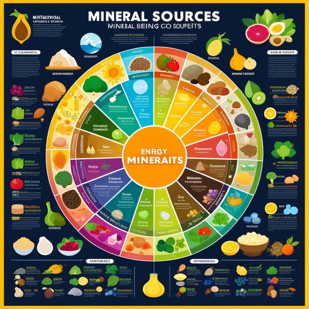 Mineral Sources Illustration
"Create an infographic showcasing the top food sources for each of the 12 minerals mentioned in the article, highlighting their benefits for energy and well-being."