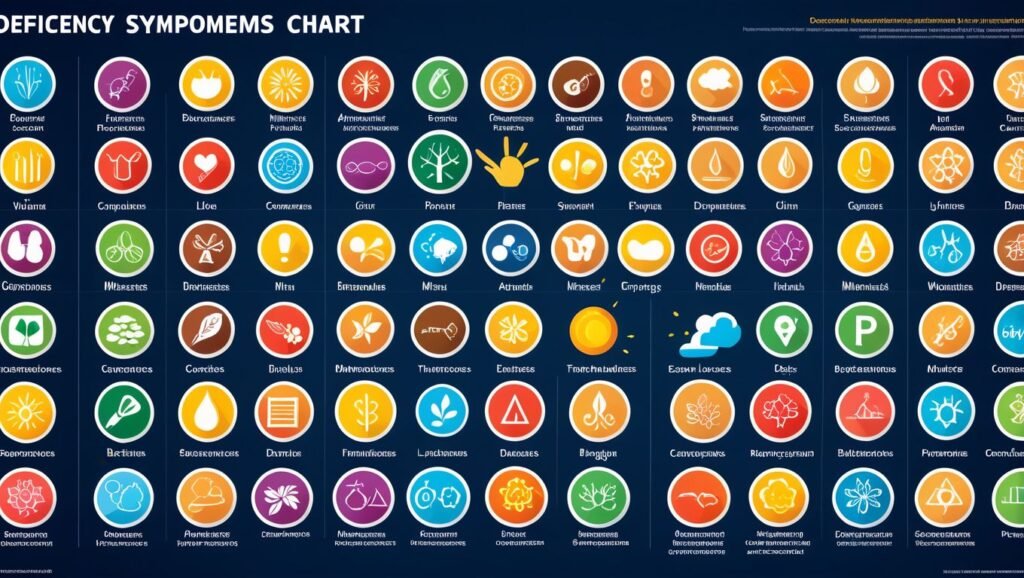 "Design a visual chart that depicts the common signs and symptoms associated with deficiencies of each of the 12 minerals, using icons or illustrations for each symptom."