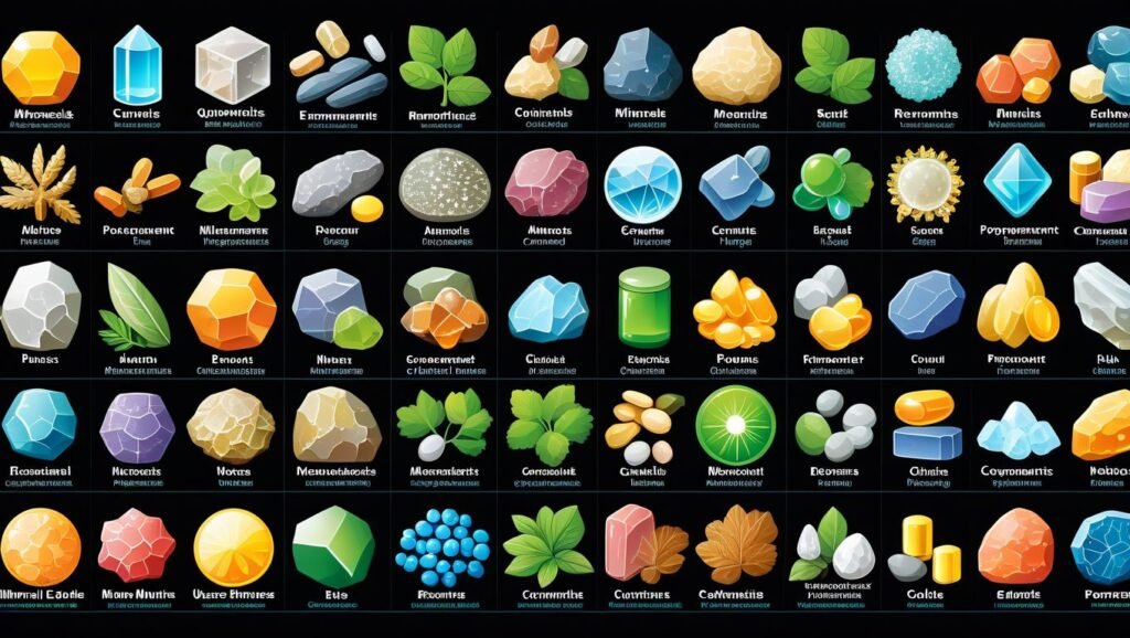 "Design a visual guide that features different types of mineral supplements, including their recommended uses, potential benefits, and any necessary precautions."