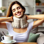 a woman with a cup of coffee and neck pillow