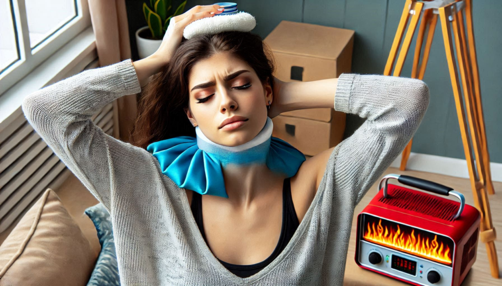 "Ice and Heat Therapy"

Alt Text: "A person applying an ice pack to their neck, with a heat pack nearby, illustrating the use of alternating ice and heat therapy for neck pain relief."