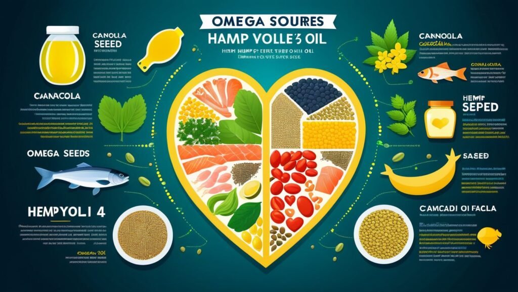 "Discover the Power of Omega-3: 8 Incredible Sources for Better Health"

Alt Text: "A visual representation of Omega-3 sources such as hemp seeds, canola oil, and fatty fish, showcasing their benefits for heart and brain health."