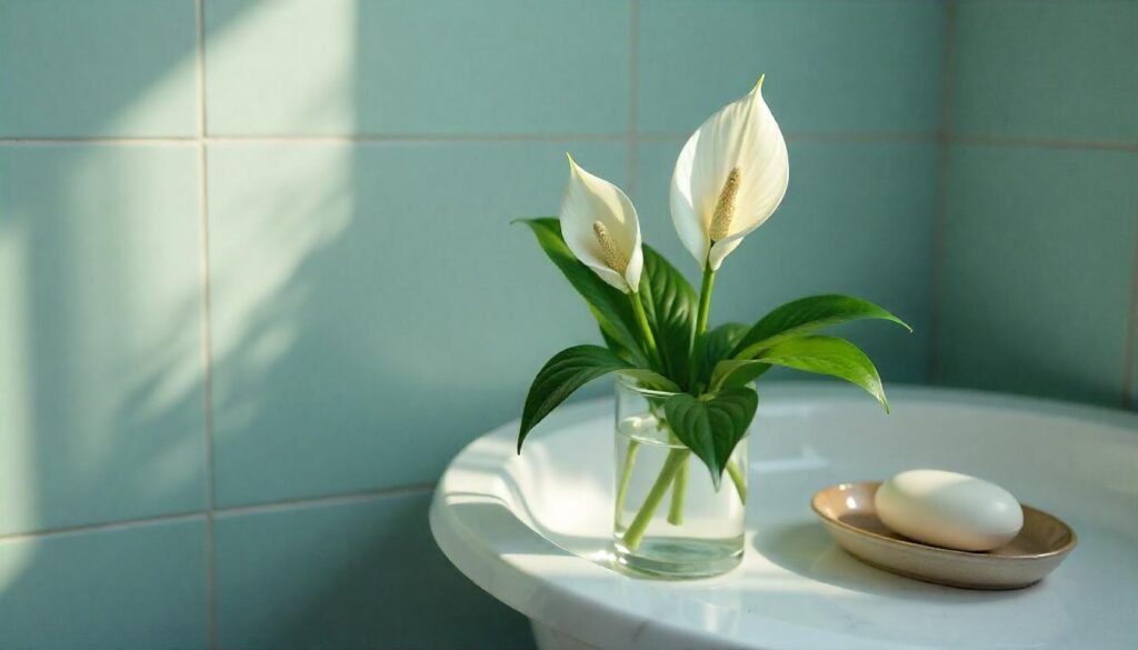 "Peace Lily in a Bathroom"

Alt Text: "A beautiful peace lily with white blooms and glossy green leaves placed on a bathroom shelf."