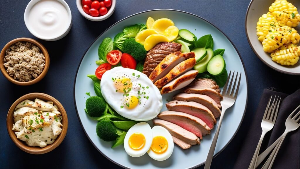 "A Balanced Plate Featuring Top Protein Sources"

Alt Text: "A plate with chicken breast, eggs, Greek yogurt, and lean beef, showcasing a variety of high-protein foods."