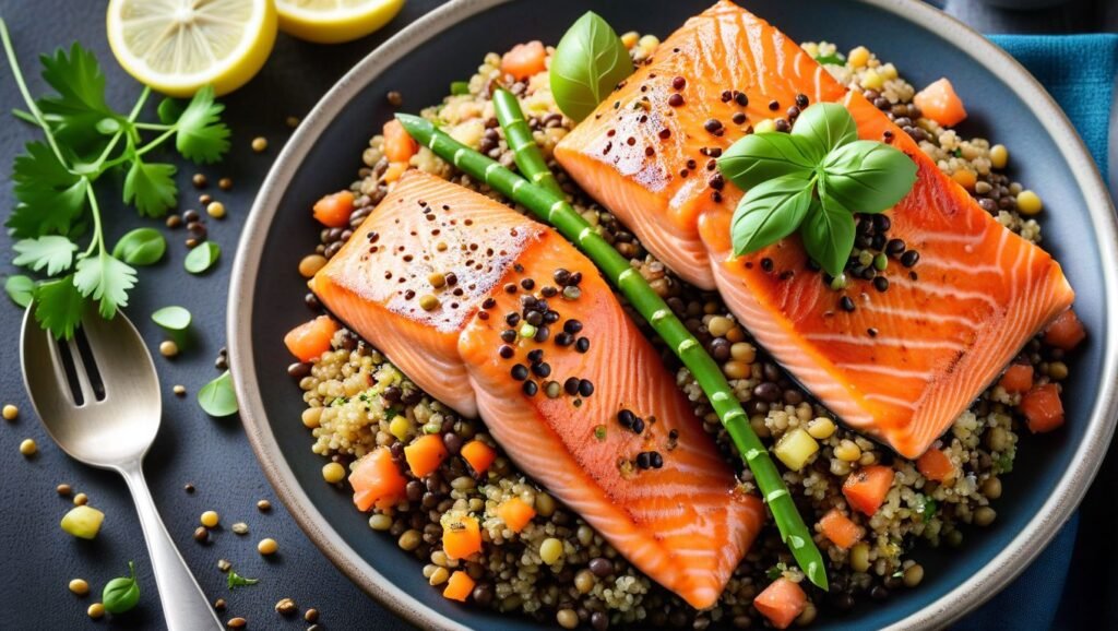 "Delicious Meals with High-Quality Protein Sources"

Alt Text: "A meal featuring salmon, quinoa, and a side of lentils, highlighting nutritious and protein-packed ingredients.