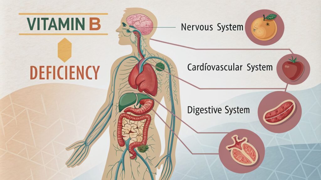 "The Impact of Vitamin B Deficiency on Health"

Alt Text: "An illustration showing the different areas of the body affected by Vitamin B deficiency, including the nervous system, cardiovascular system, and digestive system.