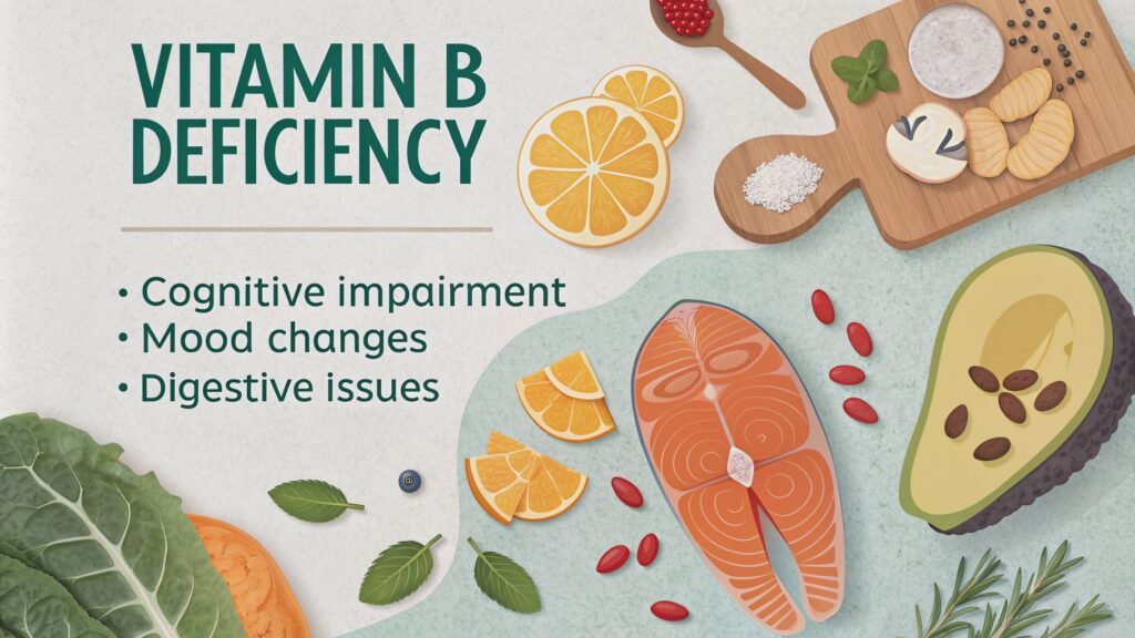 "Recognizing Vitamin B Deficiency Symptoms"

Alt Text: "A visual guide highlighting the key symptoms of Vitamin B deficiency, including cognitive impairment, mood changes, and digestive issues."