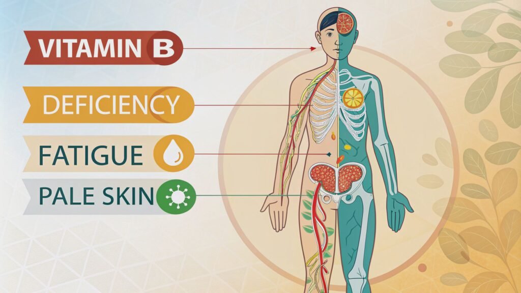 "12 Alarming Signs of Vitamin B Deficiency"

Alt Text: "A visual representation of the human body highlighting areas affected by Vitamin B deficiency, such as fatigue, pale skin, and nerve damage."