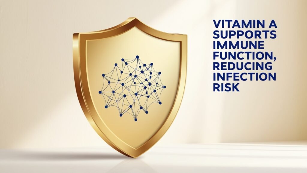 Vit A - Immune System
Image of a shield
Alt Text: Vitamin A supports immune function, reducing infection risk.