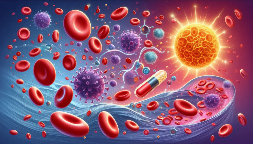 "Vitamin K and Blood Clotting"

Alt Text: "Illustration of blood cells and a clotting process, highlighting Vitamin K's role in blood clotting."