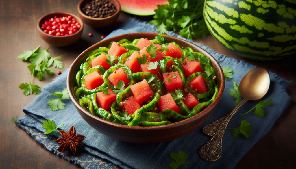 "Watermelon Rind Sabzi"

Alt Text: "A bowl of watermelon rind sabzi garnished with fresh coriander."