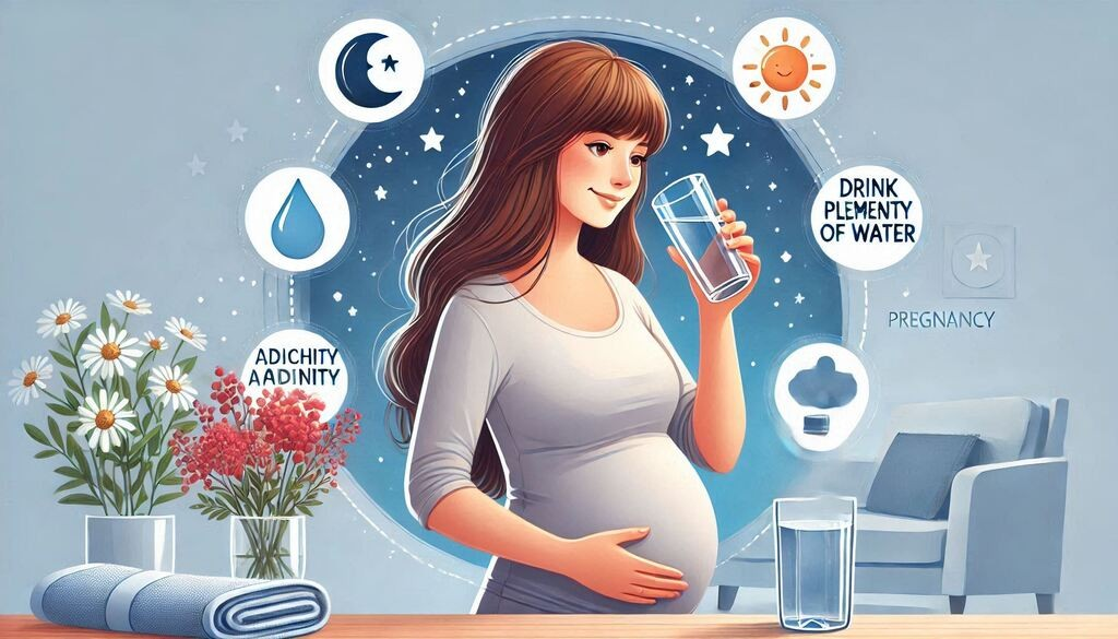 "Drink Plenty of Water"

Alt Text: "A pregnant woman drinking a glass of water, highlighting the importance of staying hydrated to reduce acidity during pregnancy."