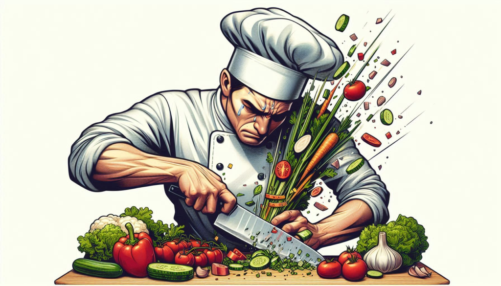 "Using the Wrong Knife Techniques"

Alt Text: "A chef struggling with unevenly chopped vegetables and a dull knife."