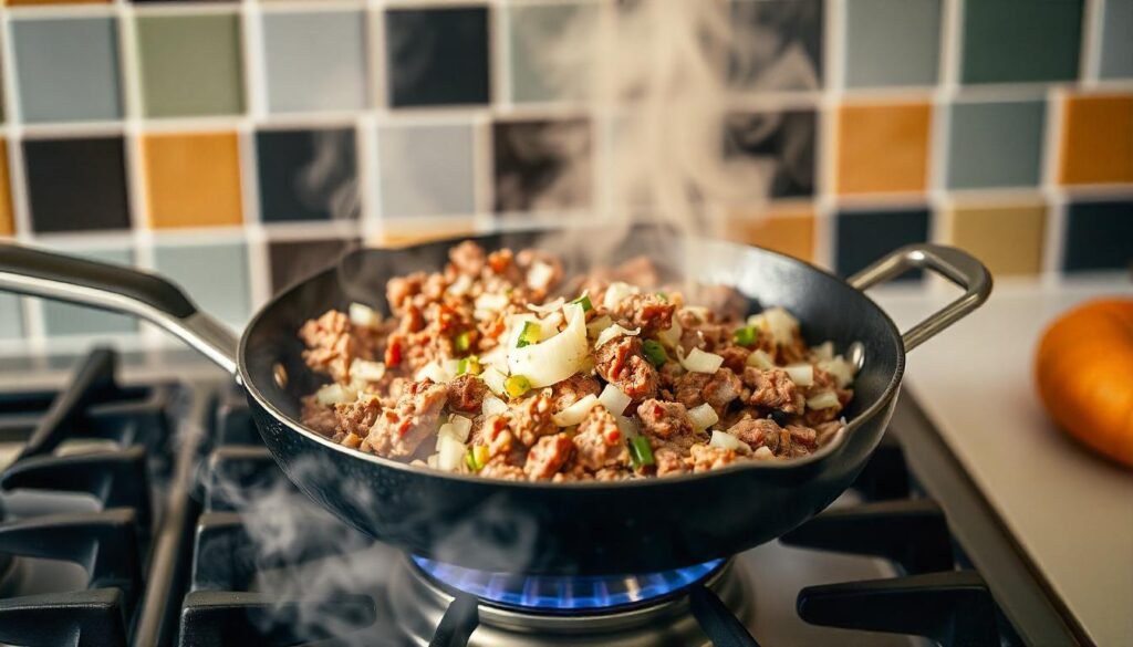 "Overcrowding the Pan"

Alt Text: "A pan filled with too many ingredients, resulting in steaming instead of browning."