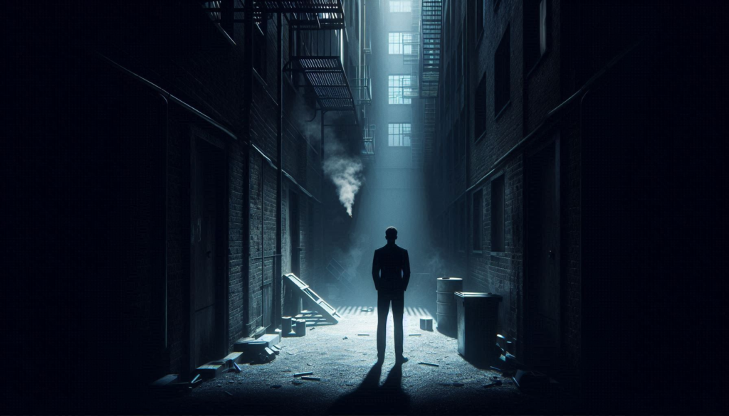 A Dark Alley: Illustrate a person standing in a dark alley, surrounded by shadows, representing the isolation and desperation of nicotine cravings.