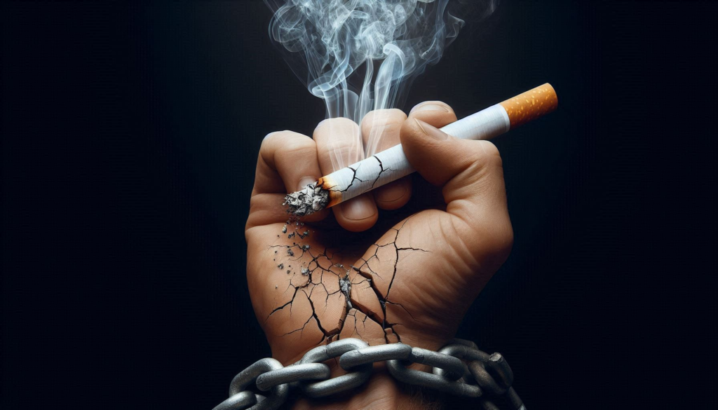 Cracked Cigarette: Create an image of a cracked cigarette, with smoke rising in the shape of chains, symbolizing the bondage of addiction.Cravings3