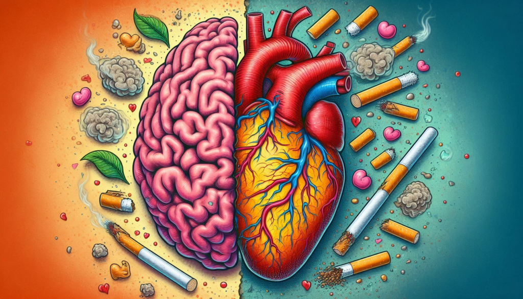 Brain and Heart: Draw a split image of a brain and a heart, with one side showing vibrant health and the other side depicting decay and distress due to nicotine cravings.