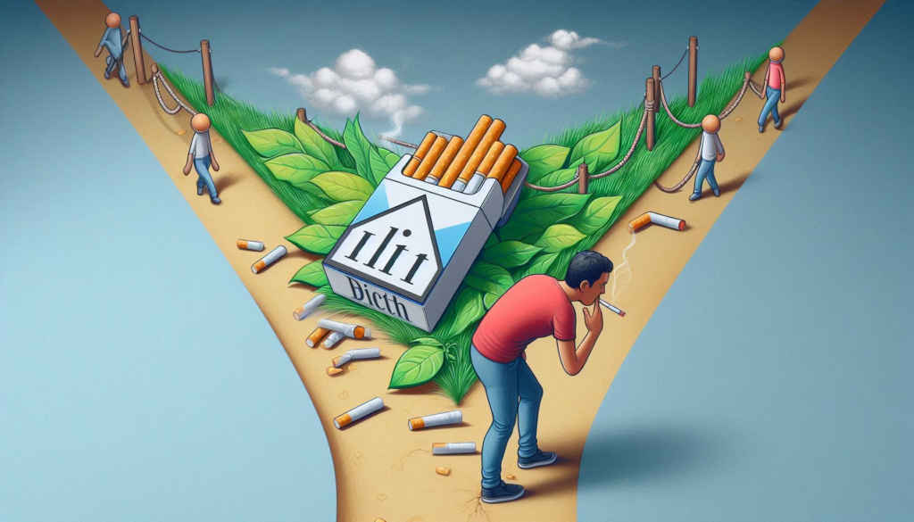 Person in Conflict: Illustrate a person caught between two paths: one leading to a pack of cigarettes and the other to a healthy lifestyle, showcasing the internal struggle.