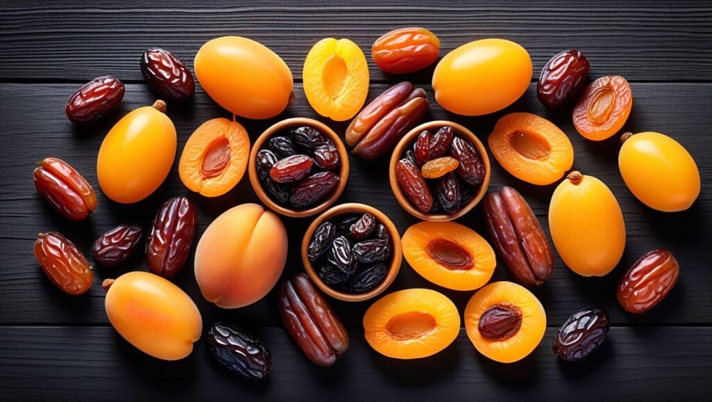 "Raisins, Dates, and Apricots for Digestive and Skin Health"

Alt Text: "Graphic showing raisins, dates, and apricots with icons representing digestive and skin health benefits."v